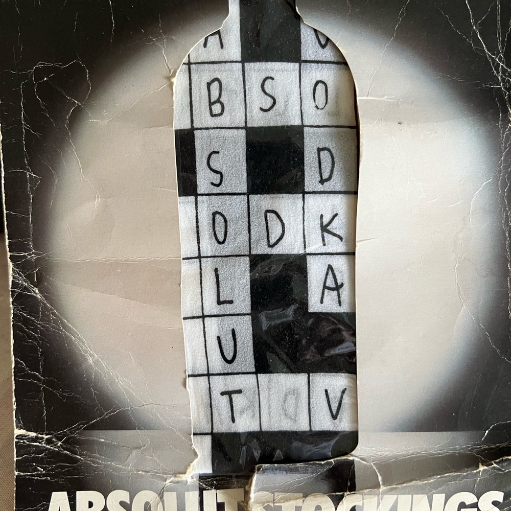 Collector’s item Absolute Vodka printed stockings from 1992